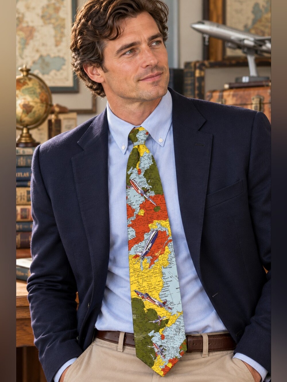Three Rooker Airplane World Map Necktie Aviation Geography Travel Novelty Tie